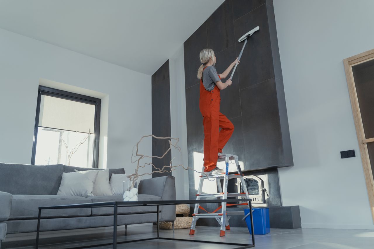 Services A woman stands on a ladder in a modern living room, cleaning the high wall with a mop.
